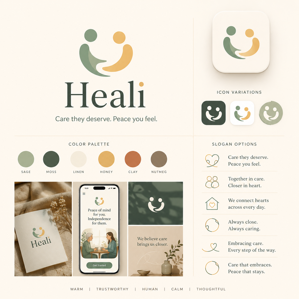 Heali welcome screen: Peace of mind for you. Independence for them. A family illustration and Get Started button.
